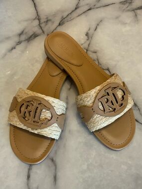 Ralph Lauren Tan Raffia Logo Slide Sandals - Women